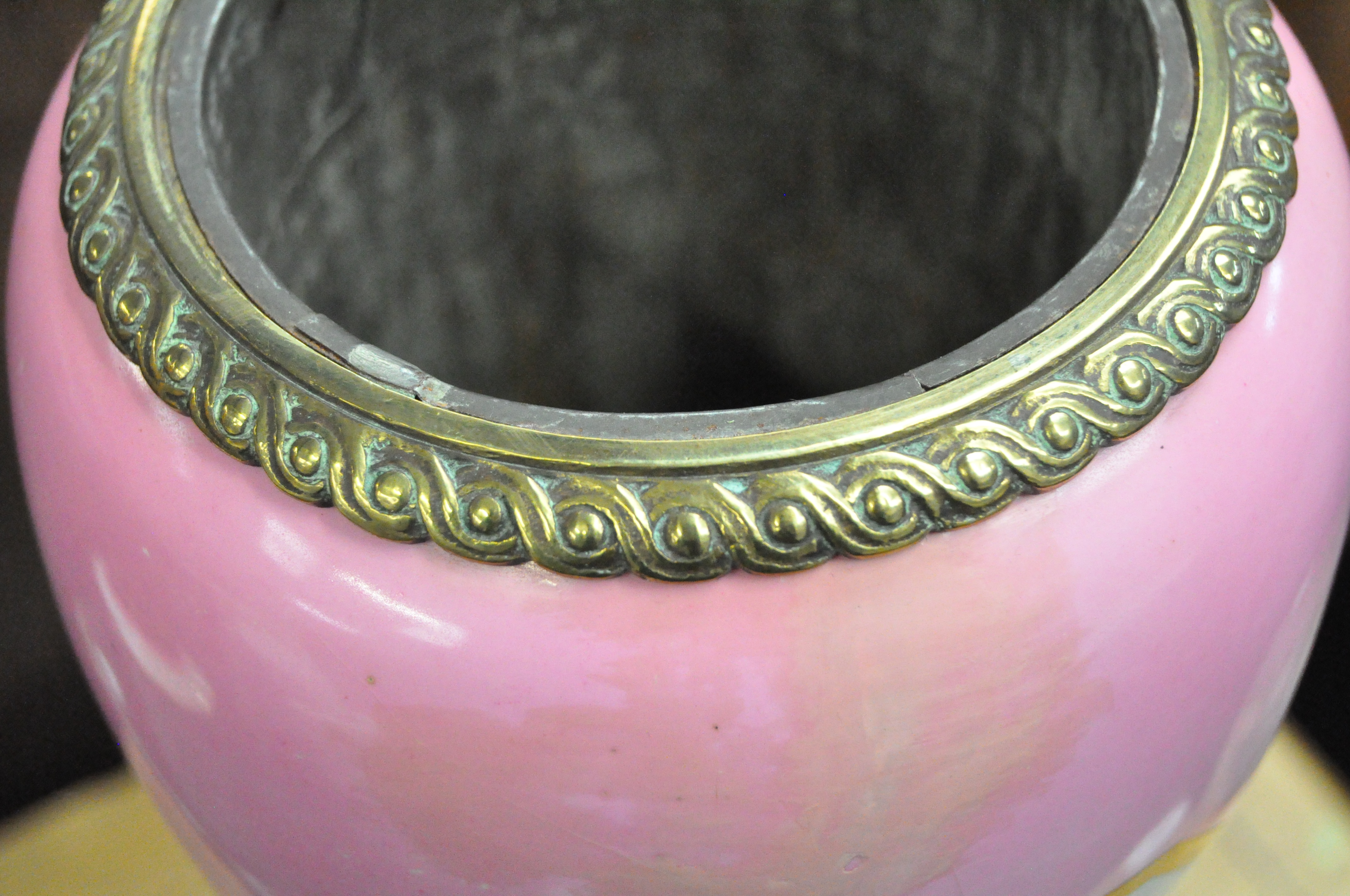 A pink porcelain vase form lamp decorated with landscape vignettes and gilt details, - Image 2 of 8