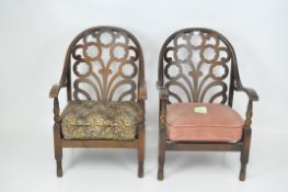 A pair of 20th century carver chairs, mahogany frames with turned wooden supports,