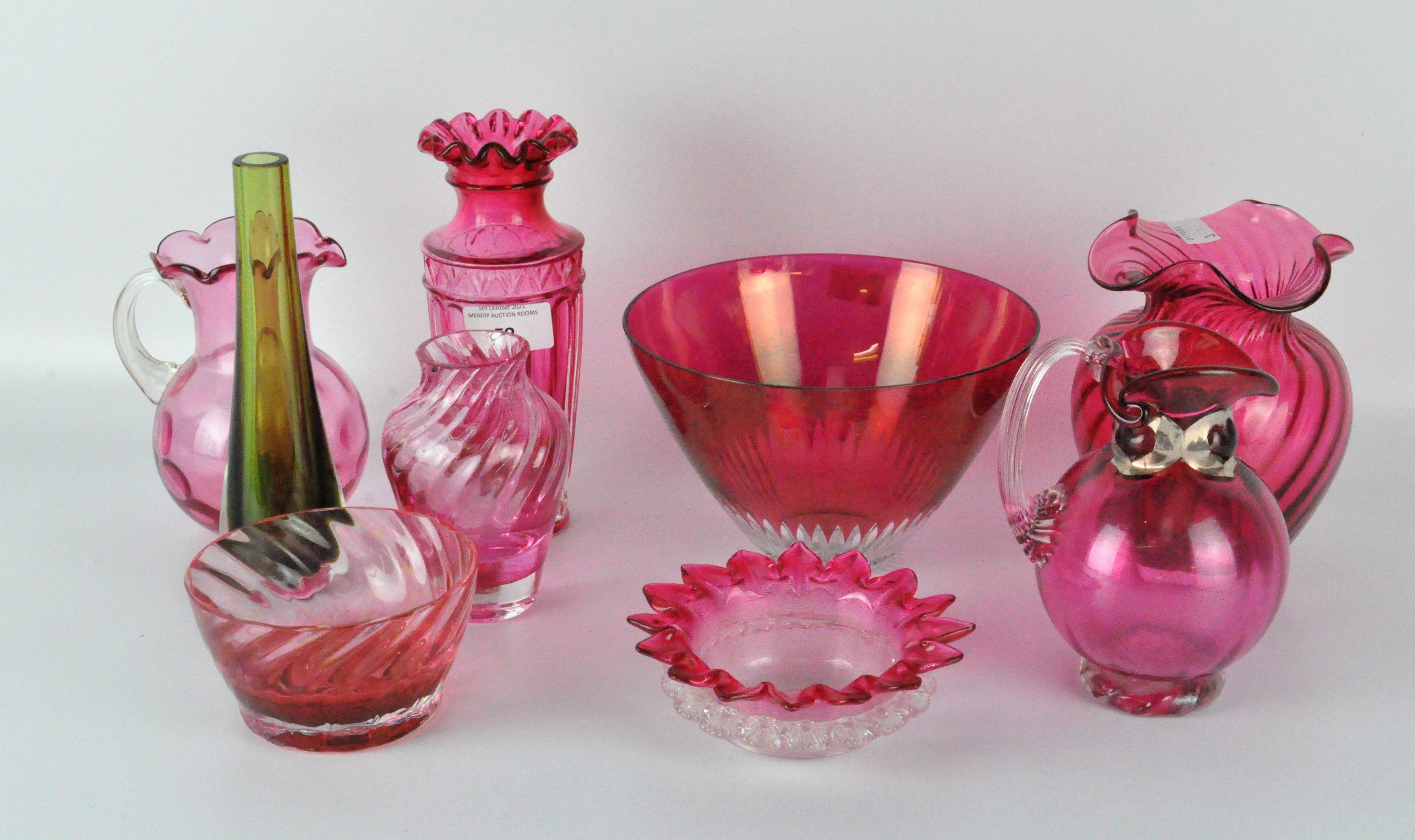 A German Ruby glass bowl, 18cm diameter, together with a selection of other red glassware