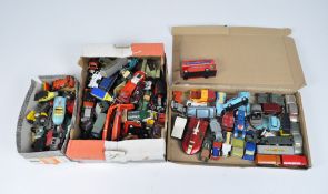 A collection of playworn Diecast, cars, coaches, buses and industrial vehicles by Corgi, Lledo,