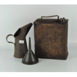 An early metal petrol can together with metal oil jug and funnel