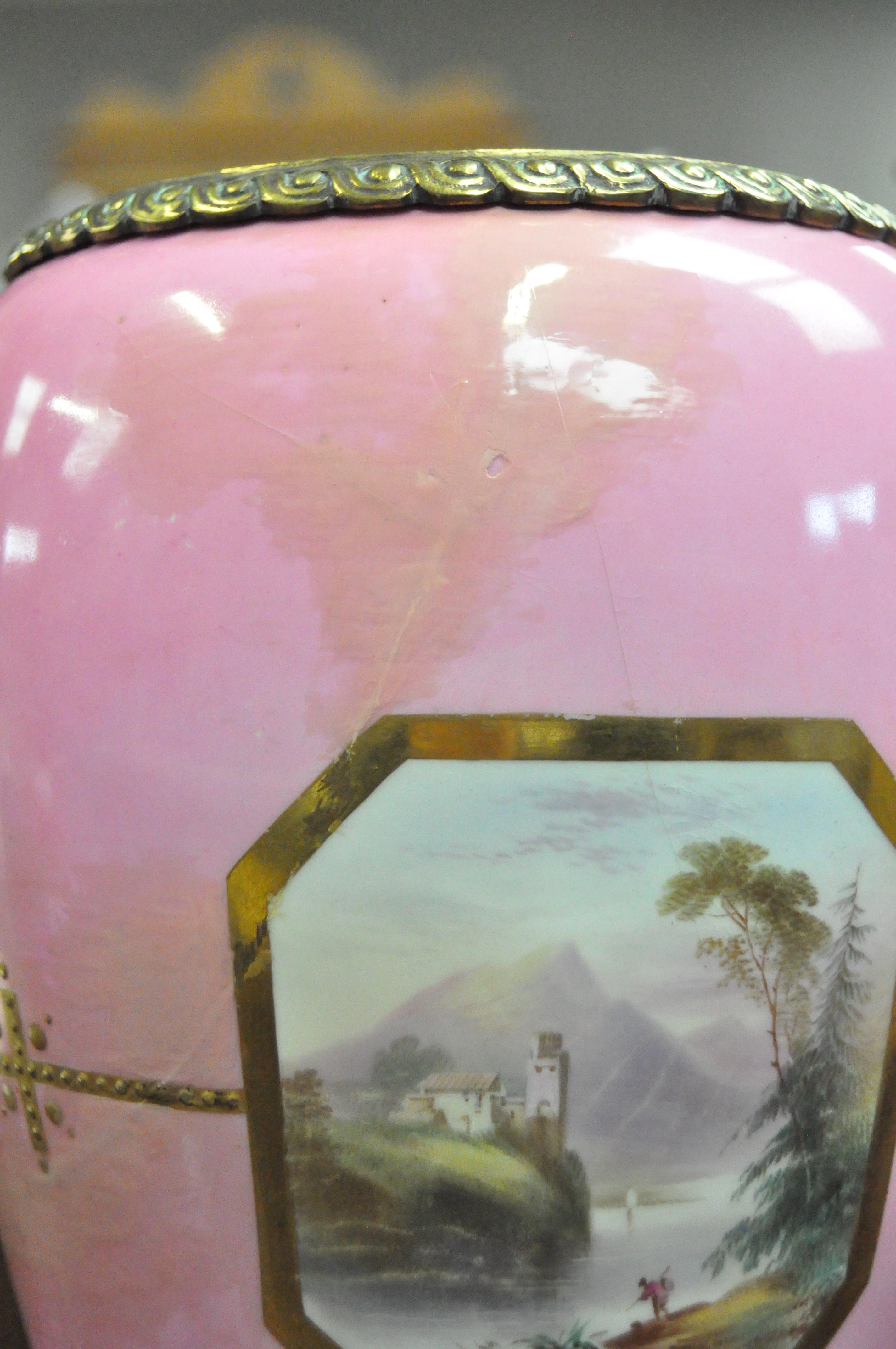 A pink porcelain vase form lamp decorated with landscape vignettes and gilt details, - Image 3 of 8