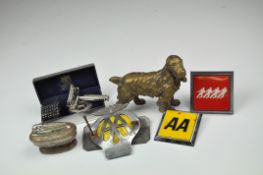 Assorted collectable's, including a brass Cocker Spaniel, two AA car badges,