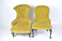 Two Victorian button back nursing chairs, one with turned supports and casters,