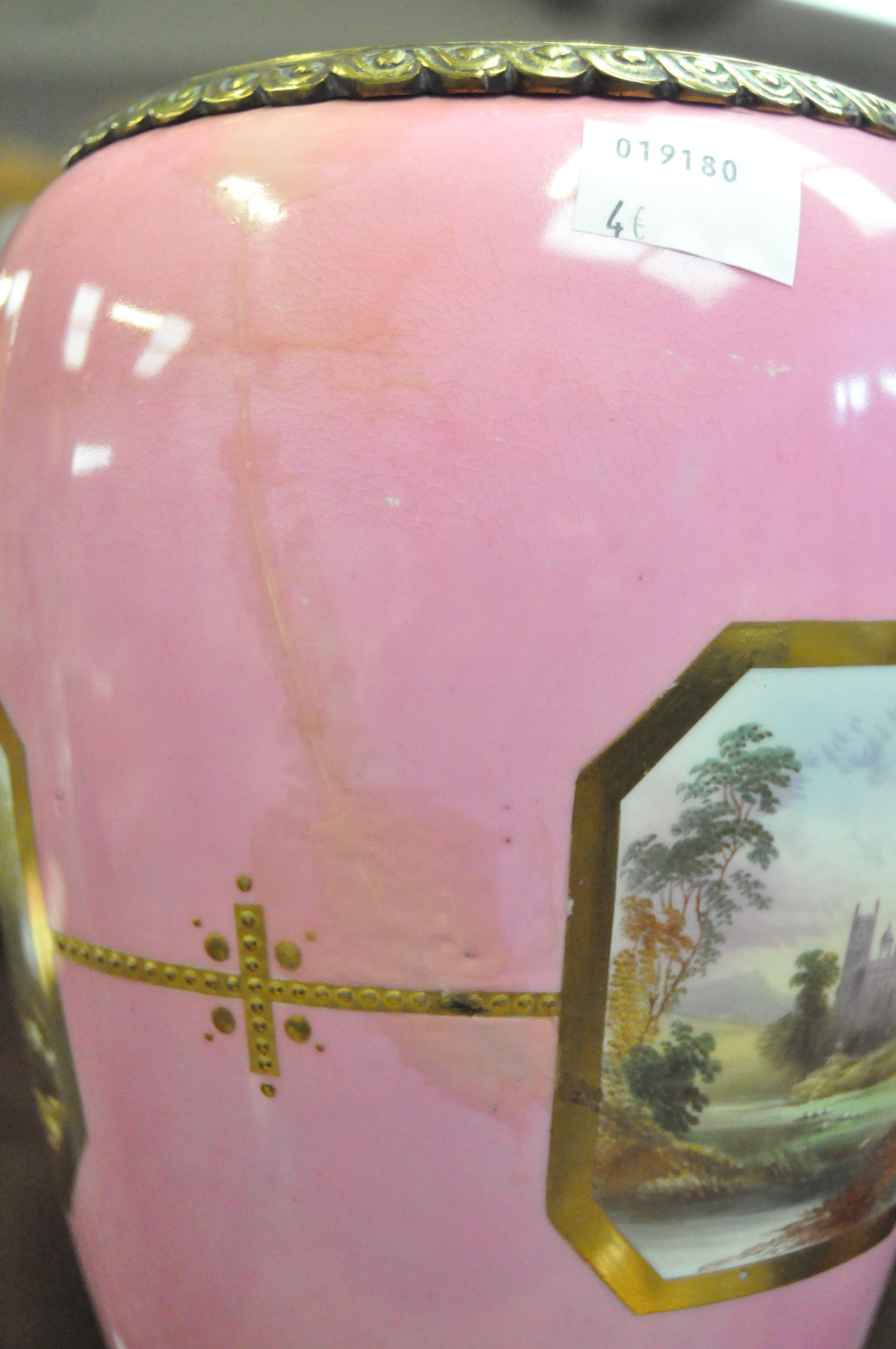 A pink porcelain vase form lamp decorated with landscape vignettes and gilt details, - Image 5 of 8