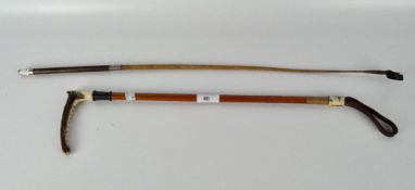 Two vintage riding crops, one with silver collar and antler handle, hallmarked London 1933,