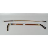 Two vintage riding crops, one with silver collar and antler handle, hallmarked London 1933,