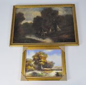 An oil on canvas of cows drinking at a river under trees, signed (illegible) and another