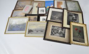 A collection of vintage pictures and prints including an oil on board of a rose in a vase,