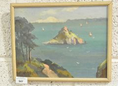 An Edmund Crute oil on board, depicting a coastal landscape 'Thatcher Rock, Torquay',