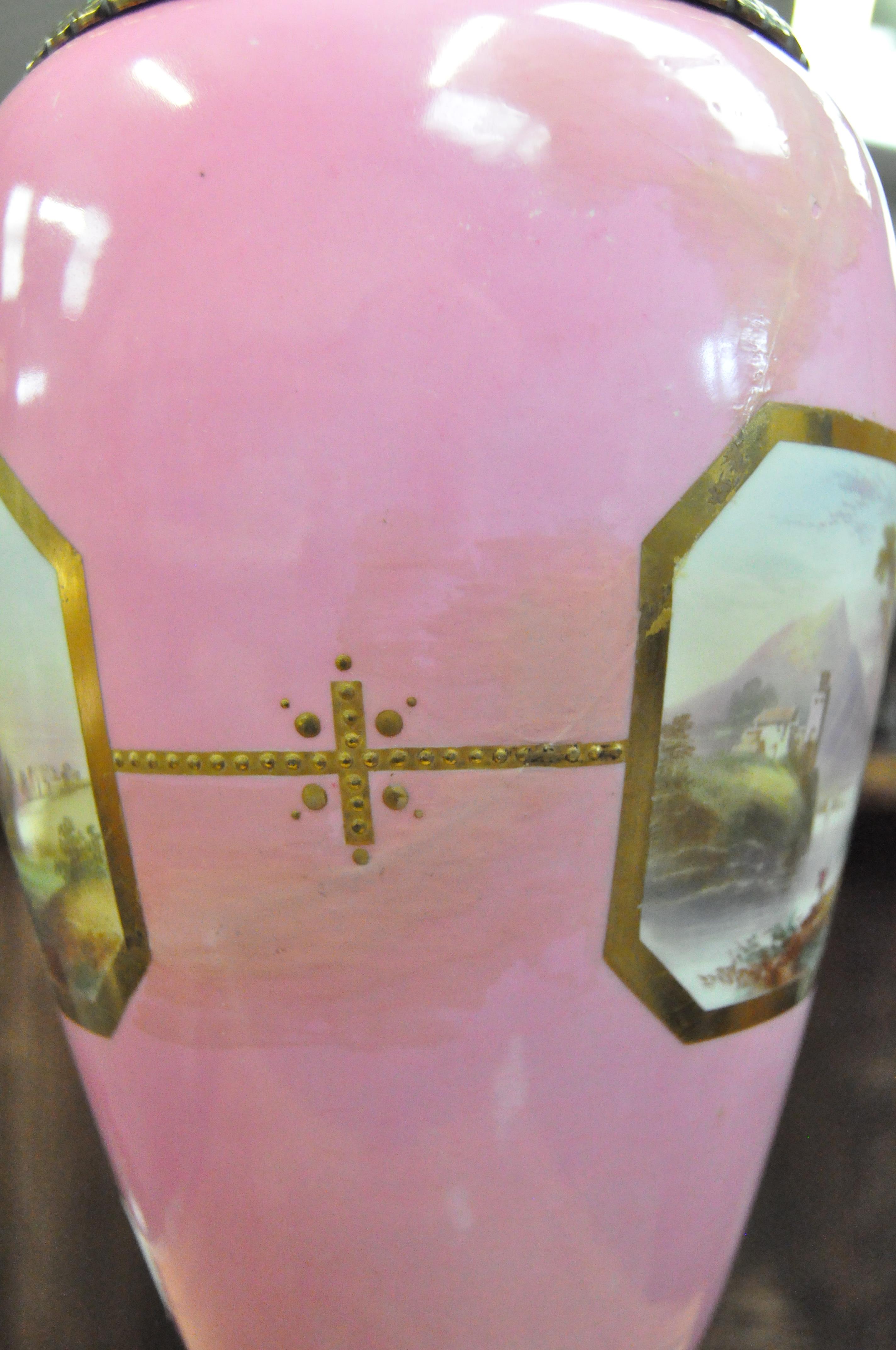 A pink porcelain vase form lamp decorated with landscape vignettes and gilt details, - Image 4 of 8