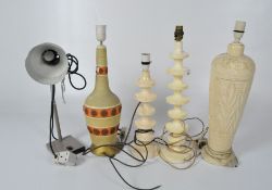 Five vintage table lamps, including two glazed wooden examples,