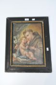 A painting on board depicting Saint Anthony of Padua with the Christ Child and white lilies,