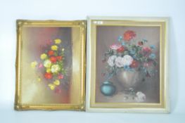 Two retro oil on canvas paintings of a vase of flowers, signed Niszerne, 60cm x 49.