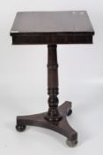 A Victorian square mahogany occasional table on turned support, tripod foot and bun feet,