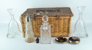 Three glass decanters, together with a glass jug, a ceramic Limoges pot and ash tray and a basket