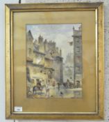 A watercolour painting, depicting a street scene, signed and dated (lower right) '1869 Sanderson',