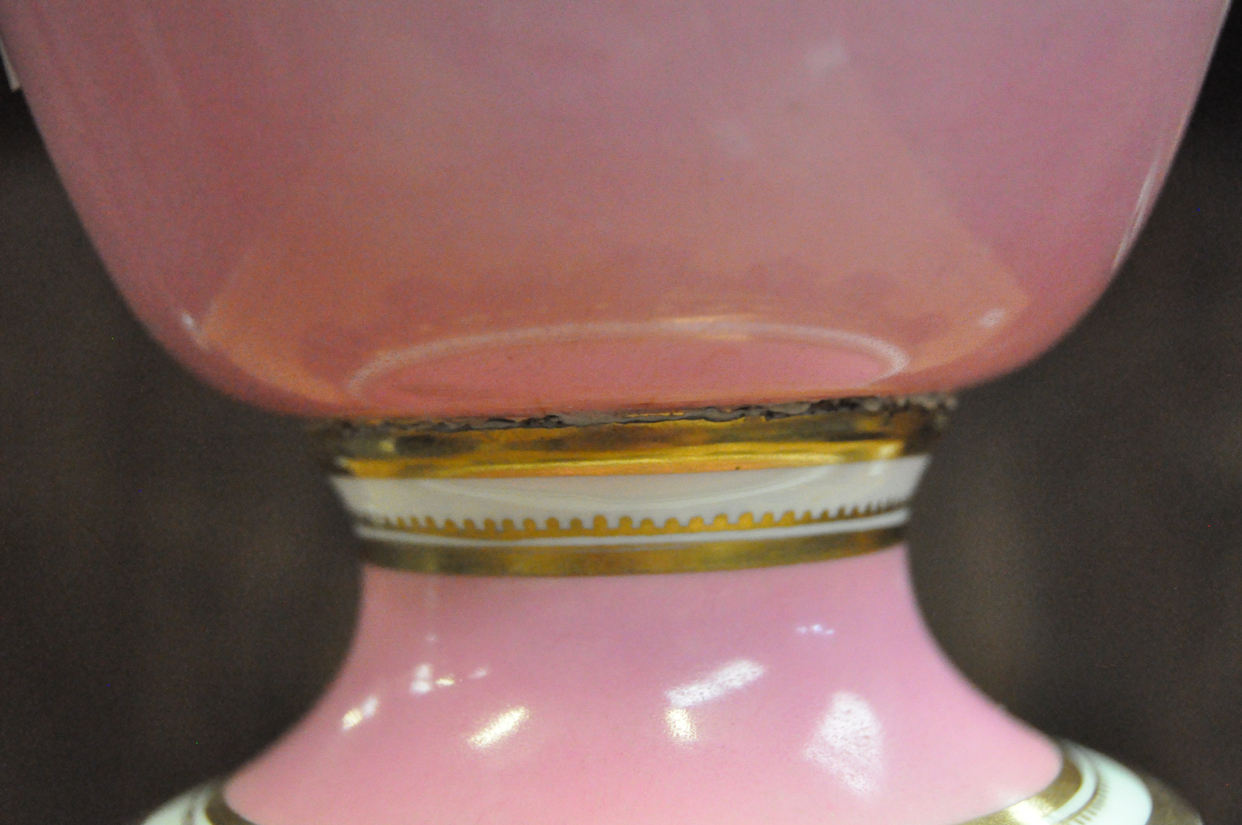 A pink porcelain vase form lamp decorated with landscape vignettes and gilt details, - Image 7 of 8