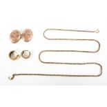 A collection of jewellery to include a hallmarked single cufflink; a pair of hoop earrings,
