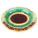 An English majolica bread dish, circa 1870, basket moulded with wheat,