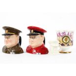 Three Carlton Toby jugs and Coalport commemorative Churchill footed cup,