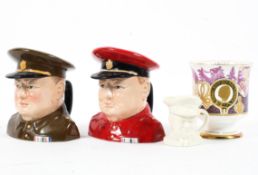 Three Carlton Toby jugs and Coalport commemorative Churchill footed cup,