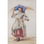 Circle of John Linnell, British (1792-1882), watercolour portrait of a girl carrying a wheatsheaf,
