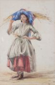 Circle of John Linnell, British (1792-1882), watercolour portrait of a girl carrying a wheatsheaf,