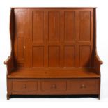 A 19th century brown painted large wooden settle, with tall panelled back and three drawers below,
