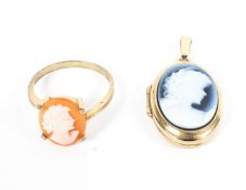 A 9ct gold shell cameo ring together with a shell cameo pendant marked 9ct, 5.