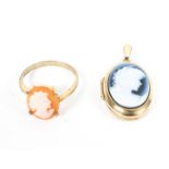 A 9ct gold shell cameo ring together with a shell cameo pendant marked 9ct, 5.