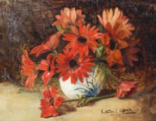 Continental School, oil on board, Still Life of flowers and vase, indistinctly signed bottom right,