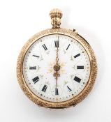 An open face pocket watch, yellow gold case measuring approximately 30.