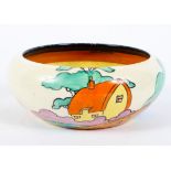A Clarice Cliff Orange Roof Cottage 'Fantasque' bowl, circa 1930, printed black Fantasque marks,