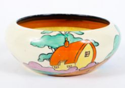 A Clarice Cliff Orange Roof Cottage 'Fantasque' bowl, circa 1930, printed black Fantasque marks,