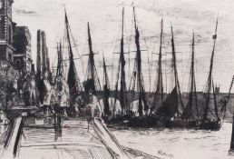 An etching print of a 19th century boat yard signed Whistler 1859, 44cm x 54cm.