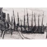 An etching print of a 19th century boat yard signed Whistler 1859, 44cm x 54cm.