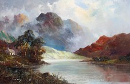 Francis E Jamieson (1895-1950) oil on canvas, mountainous landscape with a loch in the foreground,