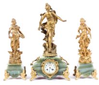 A French gilt metal and onyx mouted figural three piece clock garniture, late 19th century,