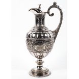 A Victorian silver plated prize ewer and hinged cover, oviform with herm handle,
