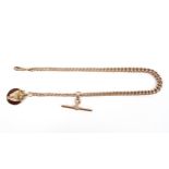 A 9ct gold 14 inch graduated watch chain with fitted swivel clasp, T bar and agate shield fob,