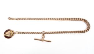 A 9ct gold 14 inch graduated watch chain with fitted swivel clasp, T bar and agate shield fob,