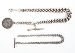 A heavy weight 16 inch graduated silver curb link watch chain with attached swivel,