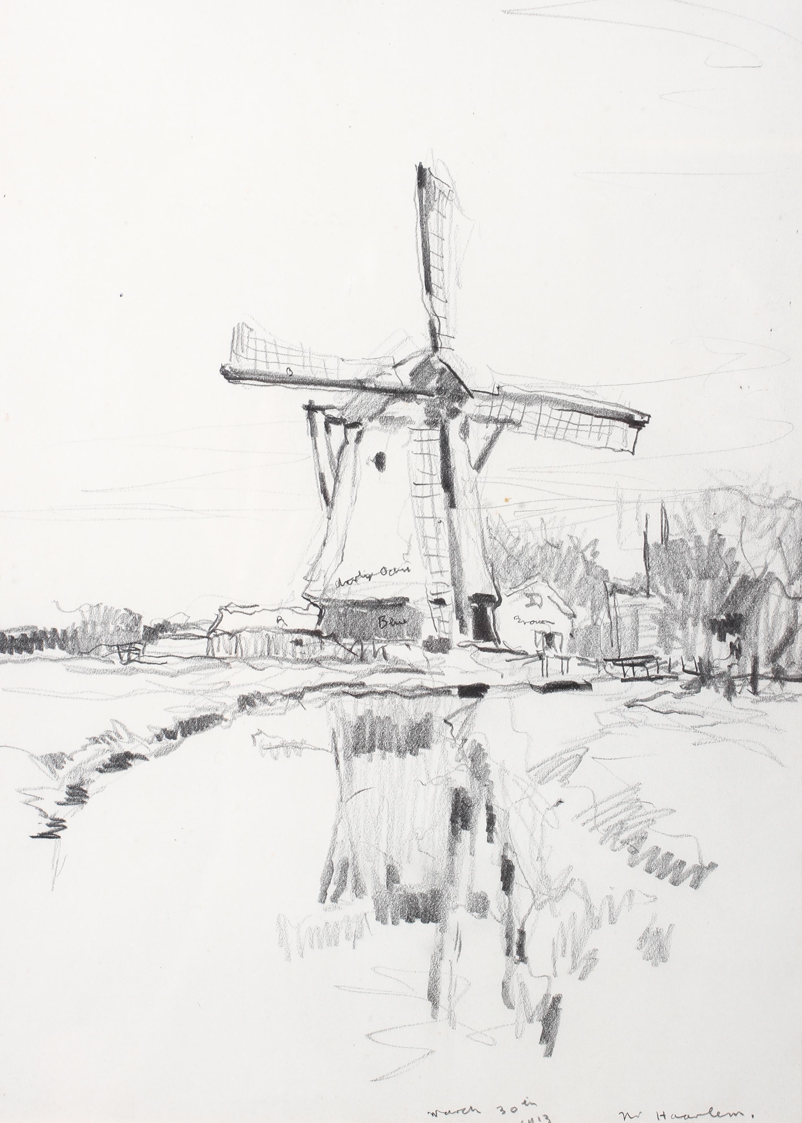 Fred Lawson, (British, 1888-1968), Windmill near Haarlem, pencil, inscribed 'March 30th 1913,
