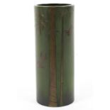 A Japanese green painted metal cylindrical vase, early 20th century,
