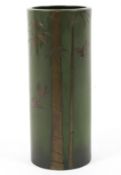 A Japanese green painted metal cylindrical vase, early 20th century,