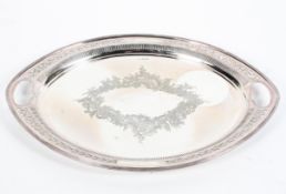 A sterling silver oval tray with pierced handles,