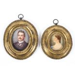 Two Victorian portrait miniatures of a lady and gentleman, each bust-length, probably on ivory,