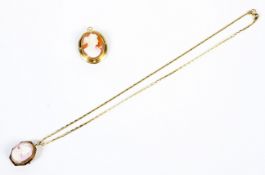 A 14ct gold chain with yellow metal mounted cameo brooch/pendant,