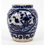 A Mexican (Puebla) pottery blue and white oviform jar, probably 19th century,